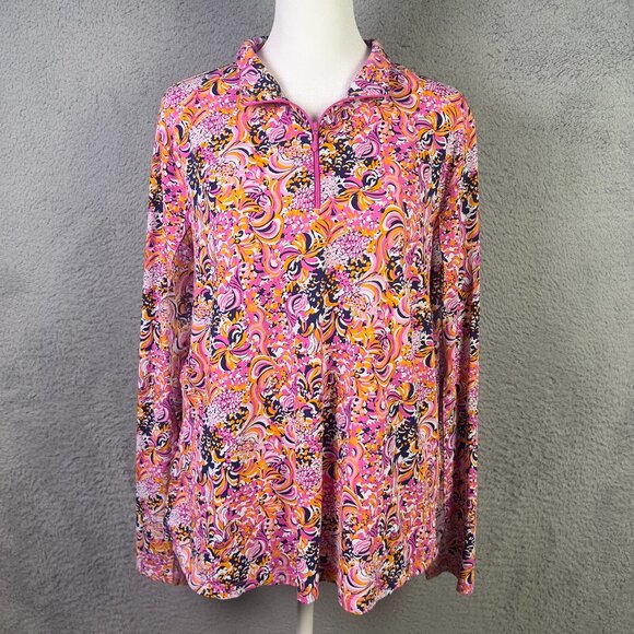 IBKUL Top Women XL Pink Multi Floral Quarter Zip Mesh Performance Golf UPF 50+ - Picture 1 of 8